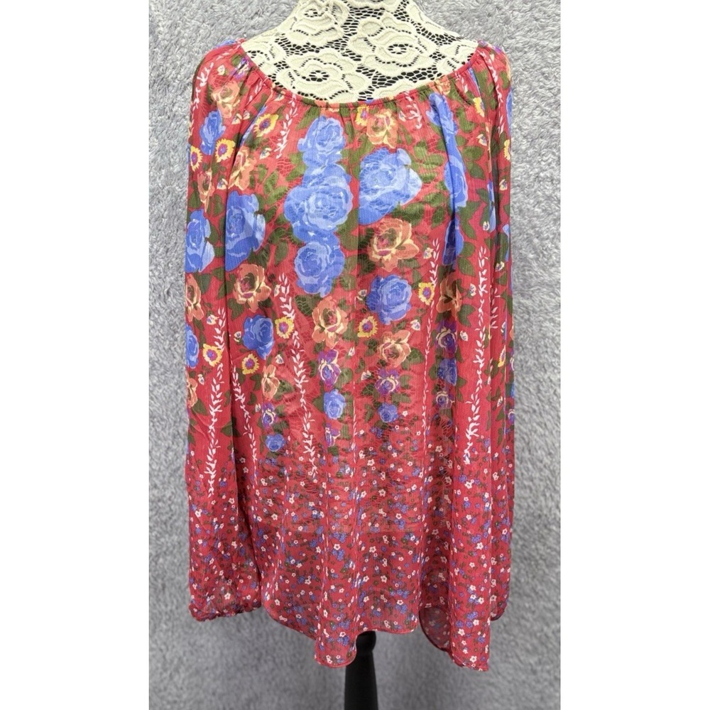 Susan Graver Red Blue Floral Chiffon High Low Tunic Top XL Long Sleeve Relaxed
